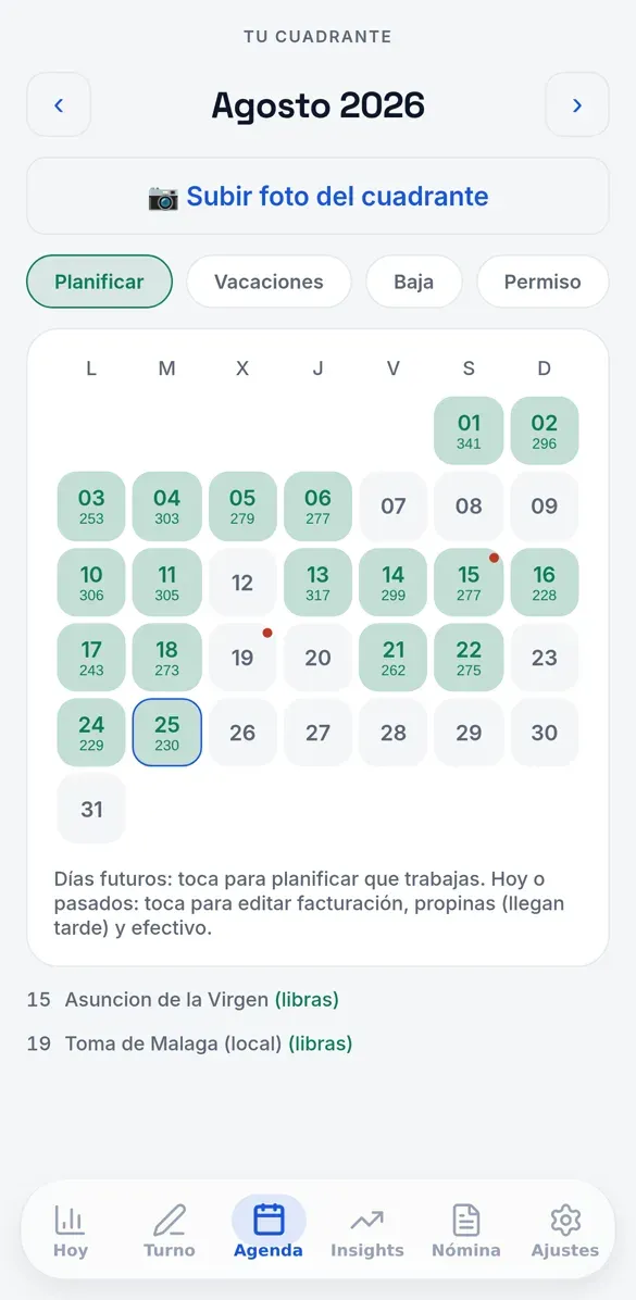PayRoad app: shift calendar