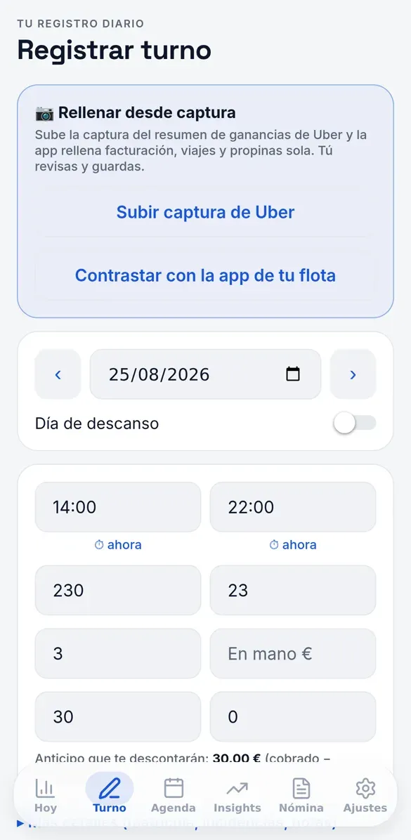PayRoad app: screen for logging a shift